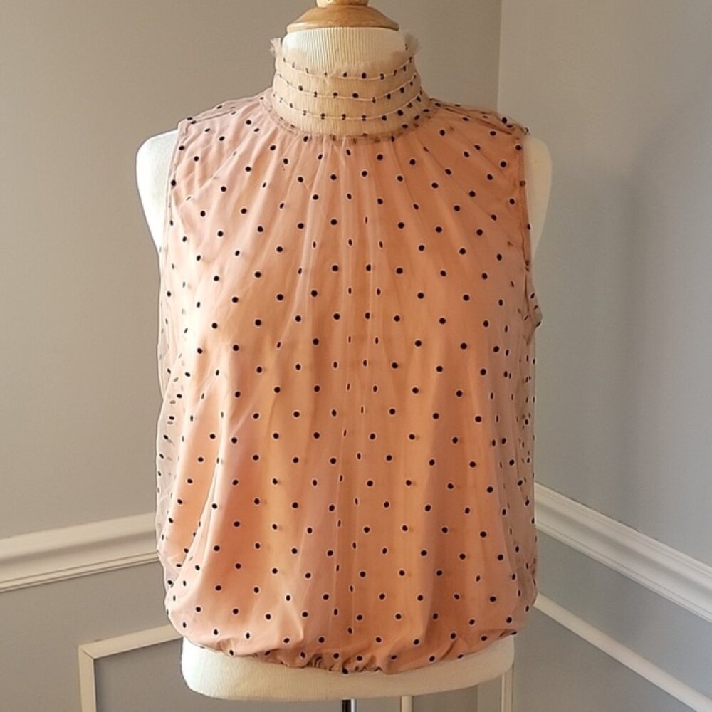 BANANA REPUBLIC Nude Tulle Black Polka-Dot Mock Neck Keyhole Back Party Top M